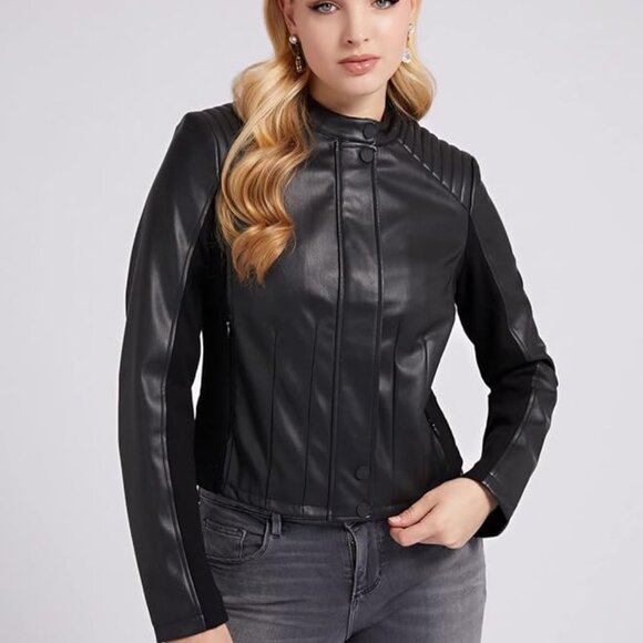 GUESS NWOT Fiammetta Faux Leather Jet Black Jacket Size XL - Picture 1 of 10